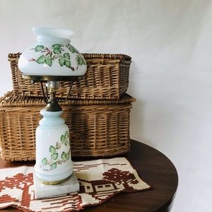 VINTAGE | Lamp Milk Glass Painted Base Shade Pink Roses